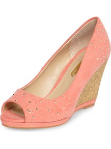 Coral Studded Cork Wedges - predominant colour: pink; occasions: casual, evening, work, holiday; material: fabric; heel height: high; embellishment: studs; heel: wedge; toe: open toe/peeptoe; style: courts; finish: plain; pattern: plain