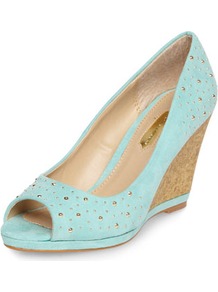 Blue Studded Cork Wedges - predominant colour: pale blue; occasions: casual, evening, holiday; material: fabric; heel height: high; embellishment: studs; heel: wedge; toe: open toe/peeptoe; style: courts; finish: plain; pattern: plain