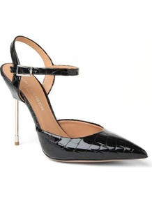 Yasmin Patent Leather Sling Back Sandals - predominant colour: black; occasions: evening, occasion; material: leather; heel height: high; ankle detail: ankle strap; heel: stiletto; toe: pointed toe; style: courts; finish: patent; pattern: animal print