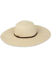 Floppy Plaited Hat - secondary colour: chocolate brown; predominant colour: stone; occasions: casual, holiday; style: sunhat; size: large; material: macrame/raffia/straw; embellishment: ribbon; pattern: plain