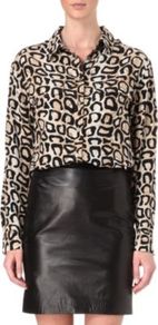 Signature Leopard Print Shirt - neckline: shirt collar/peter pan/zip with opening; sleeve style: extended cuff; length: below the bottom; style: shirt; secondary colour: camel; predominant colour: black; occasions: casual, evening, holiday; fibres: silk - 100%; fit: loose; sleeve length: extra long; texture group: structured shiny - satin/tafetta/silk etc.; trends: statement prints; pattern type: fabric; pattern size: big & busy; pattern: animal print