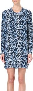 Owen Leopard Print Dress - style: shift; length: mid thigh; predominant colour: pale blue; secondary colour: black; occasions: casual, evening; fit: straight cut; fibres: silk - 100%; neckline: crew; sleeve length: long sleeve; sleeve style: standard; texture group: silky - light; trends: statement prints; pattern type: fabric; pattern size: big & busy; pattern: animal print