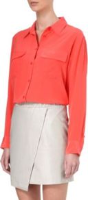 Signature Solid Shirt - neckline: shirt collar/peter pan/zip with opening; pattern: plain; style: shirt; predominant colour: coral; occasions: casual, evening, work; length: standard; fibres: silk - 100%; fit: loose; sleeve length: long sleeve; sleeve style: standard; texture group: silky - light; trends: fluorescent; pattern type: fabric