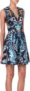 Printed Party Dress - length: mid thigh; neckline: low v-neck; sleeve style: sleeveless; secondary colour: pale blue; occasions: evening, occasion; fit: fitted at waist & bust; style: fit & flare; fibres: cotton - mix; hip detail: soft pleats at hip/draping at hip/flared at hip; predominant colour: multicoloured; sleeve length: sleeveless; trends: statement prints; pattern type: fabric; pattern size: big & busy; pattern: patterned/print; texture group: other - light to midweight