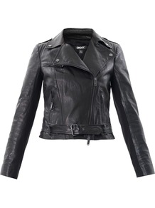 Leather Biker Jacket - pattern: plain; style: biker; collar: asymmetric biker; fit: slim fit; predominant colour: black; occasions: casual; length: standard; fibres: leather - 100%; shoulder detail: discreet epaulette; sleeve length: long sleeve; sleeve style: standard; texture group: leather; collar break: high/illusion of break when open; pattern type: fabric