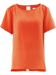 Bettin Sheer Panel Top - neckline: round neck; pattern: plain; length: below the bottom; predominant colour: bright orange; occasions: casual, evening, work; style: top; fit: straight cut; back detail: sheer fabric at back; sleeve length: short sleeve; sleeve style: standard; texture group: silky - light; pattern type: fabric; fibres: viscose/rayon - mix