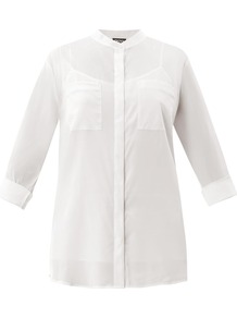 Side Stripe Silk Shirt - length: below the bottom; style: shirt; predominant colour: white; secondary colour: black; occasions: evening, work, occasion; neckline: collarstand; fit: loose; sleeve length: long sleeve; sleeve style: standard; texture group: sheer fabrics/chiffon/organza etc.; pattern type: fabric; pattern size: light/subtle; pattern: colourblock; fibres: silk - stretch
