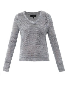 Janice Textured Knit Sweater - neckline: v-neck; pattern: horizontal stripes; style: standard; predominant colour: mid grey; occasions: casual, work; length: standard; fibres: cotton - mix; fit: standard fit; sleeve length: long sleeve; sleeve style: standard; texture group: knits/crochet; pattern type: knitted - other; pattern size: light/subtle