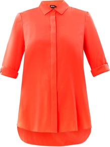 Silk Shirt - neckline: shirt collar/peter pan/zip with opening; pattern: plain; length: below the bottom; style: shirt; predominant colour: bright orange; occasions: casual, evening, work; fit: straight cut; sleeve length: 3/4 length; sleeve style: standard; texture group: crepes; pattern type: fabric; fibres: silk - stretch