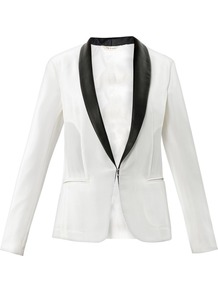 Silver Leather Lapel Blazer - style: single breasted tuxedo; collar: shawl/waterfall; predominant colour: ivory; secondary colour: black; occasions: evening, occasion; length: standard; fit: tailored/fitted; back detail: back vent/flap at back; sleeve length: long sleeve; sleeve style: standard; texture group: crepes; trends: tuxedo; collar break: low/open; pattern type: fabric; pattern size: light/subtle; pattern: colourblock; fibres: viscose/rayon - mix