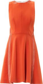 Renard Mesh Panel Dress - length: mid thigh; pattern: plain; sleeve style: sleeveless; waist detail: fitted waist; predominant colour: bright orange; occasions: evening; fit: fitted at waist & bust; style: fit & flare; fibres: polyester/polyamide - mix; neckline: crew; hip detail: soft pleats at hip/draping at hip/flared at hip; sleeve length: sleeveless; texture group: crepes; pattern type: fabric