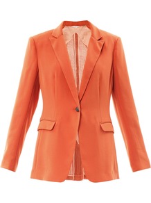 42nd Street Textured Back Blazer - pattern: plain; style: single breasted blazer; length: below the bottom; collar: standard lapel/rever collar; back detail: contrast pattern/fabric at back; predominant colour: bright orange; occasions: casual, evening, occasion; fit: tailored/fitted; sleeve length: long sleeve; sleeve style: standard; collar break: low/open; pattern type: fabric; texture group: woven light midweight; fibres: viscose/rayon - mix