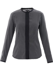 Carnaby Star Print Silk Blouse - waist detail: fitted waist; style: blouse; secondary colour: white; predominant colour: black; occasions: evening, work, occasion; length: standard; fit: tailored/fitted; neckline: crew; hip detail: dip hem; bust detail: contrast pattern/fabric/detail at bust; shoulder detail: discreet epaulette; sleeve length: long sleeve; sleeve style: standard; texture group: silky - light; pattern type: fabric; pattern size: light/subtle; pattern: patterned/print; fibres: silk - stretch
