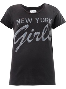 New York Girls Print T Shirt - neckline: round neck; length: below the bottom; style: t-shirt; secondary colour: mid grey; predominant colour: black; occasions: casual; fibres: cotton - mix; fit: body skimming; sleeve length: short sleeve; sleeve style: standard; pattern type: fabric; pattern size: standard; pattern: patterned/print; texture group: jersey - stretchy/drapey