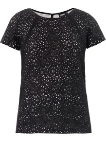 Lace Blouse - neckline: round neck; bust detail: ruching/gathering/draping/layers/pintuck pleats at bust; secondary colour: ivory; predominant colour: black; occasions: evening, work, occasion, holiday; length: standard; style: top; fibres: cotton - stretch; fit: straight cut; back detail: embellishment at back; sleeve length: short sleeve; sleeve style: standard; pattern type: fabric; pattern size: standard; pattern: patterned/print; embellishment: lace; texture group: broiderie anglais