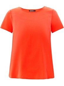 Scoop Neck Silk Blouse - pattern: plain; predominant colour: coral; occasions: casual, evening, occasion; length: standard; style: top; fit: loose; neckline: crew; sleeve length: short sleeve; sleeve style: standard; texture group: silky - light; pattern type: fabric; fibres: silk - stretch