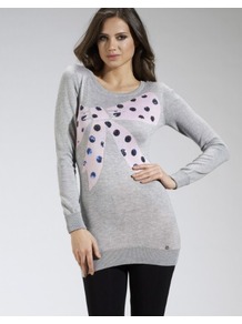 Dotty Bow Tunic - neckline: round neck; length: below the bottom; style: standard; secondary colour: blush; predominant colour: light grey; occasions: casual; fit: standard fit; bust detail: contrast pattern/fabric/detail at bust; sleeve length: long sleeve; sleeve style: standard; texture group: knits/crochet; pattern type: knitted - fine stitch; pattern size: standard; pattern: patterned/print; embellishment: sequins; fibres: viscose/rayon - mix