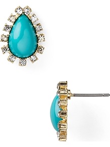Teardrop Stud Earrings - predominant colour: turquoise; occasions: casual, evening, work, occasion; style: stud; length: short; size: small; material: chain/metal; fastening: pierced; finish: plain; embellishment: jewels; secondary colour: clear