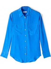Electric Blue Signature Silk Shirt - neckline: shirt collar/peter pan/zip with opening; pattern: plain; length: below the bottom; style: shirt; bust detail: pocket detail at bust; predominant colour: diva blue; occasions: casual, evening, work; fibres: silk - 100%; fit: body skimming; sleeve length: long sleeve; sleeve style: standard; texture group: silky - light; pattern type: fabric