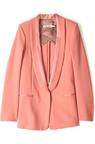 Apricot Crepe Tuxedo Blazer - pattern: plain; style: single breasted tuxedo; collar: shawl/waterfall; length: below the bottom; predominant colour: pink; occasions: evening, occasion; fit: tailored/fitted; fibres: polyester/polyamide - 100%; sleeve length: long sleeve; sleeve style: standard; texture group: crepes; collar break: low/open; pattern type: fabric