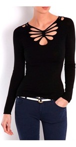 Morgan Fancy V Neck Long Sleeved Sweater - neckline: v-neck; pattern: plain; style: standard; hip detail: fitted at hip; predominant colour: black; occasions: casual, evening, work; length: standard; fit: slim fit; waist detail: fitted waist; bust detail: contrast pattern/fabric/detail at bust; shoulder detail: cut out shoulder; sleeve length: long sleeve; sleeve style: standard; texture group: knits/crochet; pattern type: knitted - fine stitch; fibres: viscose/rayon - mix