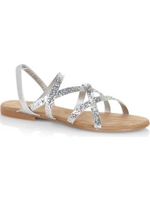 Glittery Strappy Sandals - predominant colour: silver; occasions: casual, evening, holiday; material: faux leather; heel height: flat; embellishment: glitter; heel: block; toe: open toe/peeptoe; style: strappy; trends: metallics; finish: metallic; pattern: plain