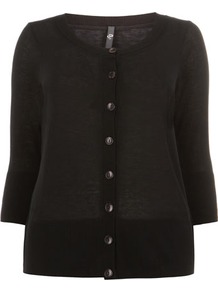 Black Stitch Detail Crew Neck Cardigan - neckline: round neck; pattern: plain; predominant colour: black; occasions: casual, work; length: standard; style: standard; fibres: acrylic - 100%; fit: standard fit; sleeve length: 3/4 length; sleeve style: standard; texture group: knits/crochet; pattern type: knitted - fine stitch