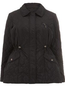 Black Quilt Drawstring Jacket - pattern: plain; length: standard; style: parka; hip detail: front pockets at hip; fit: slim fit; predominant colour: black; occasions: casual; fibres: polyester/polyamide - 100%; collar: shirt collar/peter pan/zip with opening; waist detail: belted waist/tie at waist/drawstring; sleeve length: long sleeve; sleeve style: standard; collar break: high; pattern type: fabric; texture group: other - light to midweight; embellishment: quilted