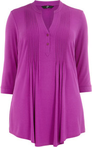 Purple Pintuck Jersey Shirt - pattern: plain; length: below the bottom; bust detail: buttons at bust (in middle at breastbone)/zip detail at bust; predominant colour: magenta; occasions: casual, holiday; style: top; neckline: collarstand; fibres: viscose/rayon - stretch; fit: body skimming; hip detail: soft pleats at hip/draping at hip/flared at hip; sleeve length: 3/4 length; sleeve style: standard; pattern type: fabric; texture group: jersey - stretchy/drapey