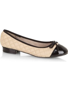 Nude Quilted Pumps - predominant colour: ivory; secondary colour: black; occasions: casual, evening, work; material: faux leather; heel height: flat; embellishment: quilted; toe: round toe; style: ballerinas / pumps; finish: plain; pattern: colourblock