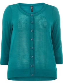 Teal Stitch Detail Crew Neck Cardigan - neckline: round neck; pattern: plain; predominant colour: emerald green; occasions: casual, work; length: standard; style: standard; fibres: acrylic - 100%; fit: standard fit; back detail: longer hem at back than at front; sleeve length: 3/4 length; sleeve style: standard; texture group: knits/crochet; pattern type: knitted - other