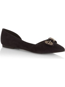 Black Studded Bow Pumps - secondary colour: gold; predominant colour: black; occasions: casual, evening, work; material: fabric; heel height: flat; embellishment: studs; toe: pointed toe; style: ballerinas / pumps; finish: plain; pattern: plain