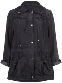 Navy Parka Jacket - pattern: plain; length: below the bottom; collar: funnel; fit: loose; style: parka; hip detail: front pockets at hip; predominant colour: navy; occasions: casual; fibres: cotton - mix; sleeve length: 3/4 length; sleeve style: standard; texture group: cotton feel fabrics; collar break: high; pattern type: fabric