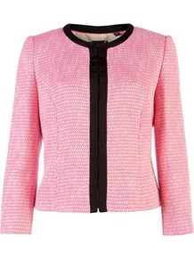 Ted Baker Adreena Cropped Collarless Jacket - style: cropped; collar: round collar/collarless; length: cropped; predominant colour: pink; secondary colour: black; occasions: casual, evening, work, occasion; fit: tailored/fitted; fibres: cotton - mix; sleeve length: 3/4 length; sleeve style: standard; collar break: high; pattern type: fabric; pattern size: light/subtle; pattern: colourblock; texture group: woven light midweight