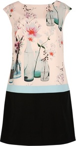 Ted Baker Nama Watercolour Bottle Printed Tunic - style: shift; length: mid thigh; neckline: high square neck; sleeve style: capped; secondary colour: blush; predominant colour: black; occasions: evening, work, occasion; fit: soft a-line; fibres: polyester/polyamide - 100%; sleeve length: short sleeve; pattern type: fabric; pattern size: big & busy; pattern: patterned/print; texture group: other - light to midweight