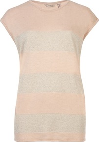 Ted Baker Holleyy Stripe Tshirt - neckline: round neck; sleeve style: capped; pattern: horizontal stripes; length: below the bottom; style: t-shirt; predominant colour: blush; occasions: casual, evening, holiday; fit: body skimming; sleeve length: short sleeve; trends: metallics; pattern type: fabric; pattern size: light/subtle; texture group: jersey - stretchy/drapey; fibres: viscose/rayon - mix
