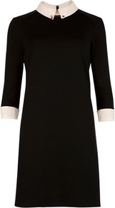 Ted Baker Kattt Contrast Collar Dress - style: shift; length: mid thigh; pattern: plain; secondary colour: ivory; predominant colour: black; occasions: casual, evening, work; fit: straight cut; fibres: viscose/rayon - stretch; neckline: no opening/shirt collar/peter pan; sleeve length: 3/4 length; sleeve style: standard; trends: glamorous day shifts; pattern type: fabric