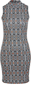 Petites Geoprint Bodycon Dress - length: mid thigh; fit: tight; sleeve style: sleeveless; neckline: high neck; style: bodycon; back detail: racer back/sports back; occasions: casual, evening, holiday; fibres: polyester/polyamide - stretch; predominant colour: multicoloured; sleeve length: sleeveless; texture group: jersey - clingy; trends: modern geometrics; pattern type: fabric; pattern size: big & busy; pattern: patterned/print