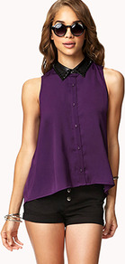 Studded Collar Satin Shirt - neckline: shirt collar/peter pan/zip with opening; sleeve style: sleeveless; style: shirt; predominant colour: purple; secondary colour: black; occasions: casual, evening; length: standard; fibres: polyester/polyamide - 100%; fit: loose; bust detail: contrast pattern/fabric/detail at bust; back detail: longer hem at back than at front; sleeve length: sleeveless; texture group: structured shiny - satin/tafetta/silk etc.; pattern type: fabric; pattern size: light/subtle; pattern: colourblock; embellishment: studs
