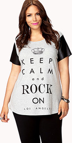 Keep Calm And Rock On Tee - neckline: round neck; length: below the bottom; style: t-shirt; shoulder detail: contrast pattern/fabric at shoulder; predominant colour: light grey; secondary colour: black; occasions: casual, holiday; fibres: cotton - mix; fit: straight cut; bust detail: contrast pattern/fabric/detail at bust; sleeve length: short sleeve; sleeve style: standard; texture group: cotton feel fabrics; trends: statement prints; pattern type: fabric; pattern size: standard; pattern: patterned/print