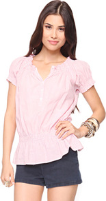 Smocked Pinstripe Top - neckline: v-neck; sleeve style: puffed; waist detail: elasticated waist; pattern: pinstripe; bust detail: buttons at bust (in middle at breastbone)/zip detail at bust; secondary colour: ivory; predominant colour: pink; occasions: casual, holiday; length: standard; style: top; fibres: cotton - 100%; fit: body skimming; sleeve length: short sleeve; pattern type: fabric; pattern size: light/subtle; texture group: jersey - stretchy/drapey