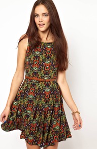 Belted Skater Dress In Folk Print - neckline: round neck; sleeve style: sleeveless; waist detail: belted waist/tie at waist/drawstring; predominant colour: sage; secondary colour: tan; occasions: casual, evening, work, occasion; length: just above the knee; fit: fitted at waist & bust; style: fit & flare; fibres: polyester/polyamide - stretch; hip detail: ruching/gathering at hip; sleeve length: sleeveless; texture group: cotton feel fabrics; trends: statement prints, modern geometrics; pattern type: fabric; pattern size: standard; pattern: patterned/print