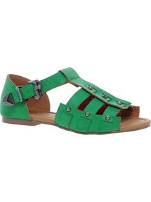 Fazed Gladiators - predominant colour: emerald green; occasions: casual, holiday; material: faux leather; heel height: flat; embellishment: studs; ankle detail: ankle strap; heel: block; toe: open toe/peeptoe; style: gladiators; finish: plain; pattern: plain