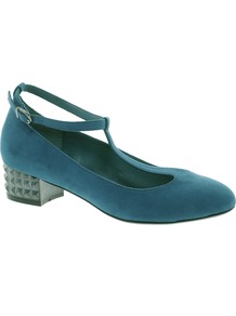 Simmer Heels - predominant colour: teal; secondary colour: black; occasions: evening, work, occasion; material: suede; heel height: mid; embellishment: studs; ankle detail: ankle strap; heel: block; toe: round toe; style: t-bar; finish: plain; pattern: plain