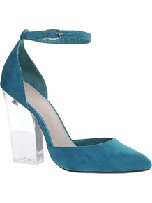 Prayer Pointed High Heels - predominant colour: teal; occasions: evening, work, occasion; material: suede; heel height: high; ankle detail: ankle strap; heel: block; toe: pointed toe; style: courts; finish: plain; pattern: colourblock; secondary colour: clear