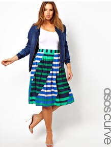 Curve Exclusive Midi Skirt In Stripe - length: below the knee; pattern: horizontal stripes; fit: loose/voluminous; waist detail: elasticated waist; waist: high rise; occasions: casual, evening, holiday; style: a-line; fibres: viscose/rayon - 100%; hip detail: soft pleats at hip/draping at hip/flared at hip; predominant colour: multicoloured; trends: striking stripes, volume; pattern type: fabric; pattern size: standard; texture group: woven light midweight