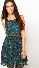 Belted Skater Dress In Leopard Print - style: shift; neckline: round neck; sleeve style: sleeveless; waist detail: belted waist/tie at waist/drawstring; predominant colour: teal; secondary colour: camel; occasions: casual, holiday; length: just above the knee; fit: fitted at waist & bust; fibres: polyester/polyamide - 100%; hip detail: soft pleats at hip/draping at hip/flared at hip; sleeve length: sleeveless; texture group: sheer fabrics/chiffon/organza etc.; pattern type: fabric; pattern size: light/subtle; pattern: animal print