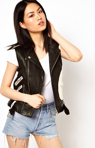 Sleeveless Leather Biker Jacket In Monochrome - sleeve style: sleeveless; style: biker; collar: asymmetric biker; occasions: casual; length: standard; fit: tailored/fitted; fibres: leather - 100%; sleeve length: sleeveless; texture group: leather; predominant colour: monochrome; collar break: high/illusion of break when open; pattern type: fabric; pattern size: standard; pattern: colourblock