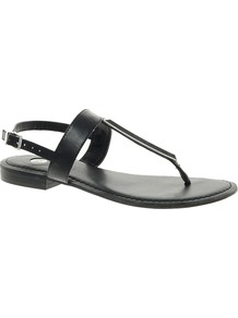 T Bar Metal Sandals - predominant colour: black; occasions: casual, evening, holiday; material: faux leather; heel height: flat; ankle detail: ankle strap; heel: block; toe: toe thongs; style: flip flops / toe post; finish: plain; pattern: plain