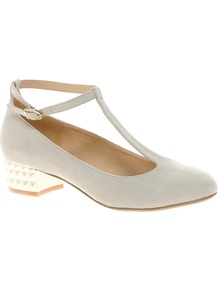 Simmer Heels - predominant colour: ivory; secondary colour: gold; occasions: casual, evening, work; material: fabric; heel height: mid; embellishment: studs; ankle detail: ankle strap; heel: block; toe: round toe; style: t-bar; finish: plain; pattern: plain